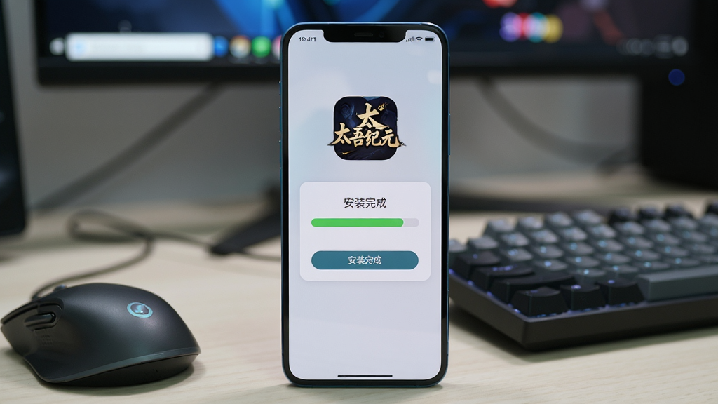 主体:一部智能手机竖屏展示《太吾纪元》游戏安装界面,屏幕上显示“安装完成”对话框。布局:手机居中放在桌面,屏幕朝向观众。排版:屏幕上方显示“太吾纪元”图标,下方有“安装完成”按钮。风格:写实摄影风格,桌面有鼠标和键盘,背景是模糊的电脑屏幕。细节:手机屏幕反射光泽,安装进度条走满,界面干净。画质:超清,干净,无多余元素。