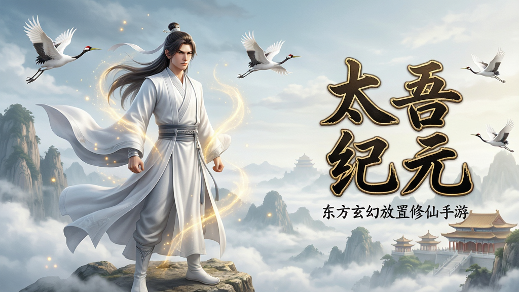 主体:一位身着飘逸白色仙袍的青年修仙者,屹立在云雾缭绕的仙山之巅,俯瞰脚下壮丽山河,周身环绕着淡淡的金色灵气。布局:人物居中偏左,右侧留白区域浮现游戏标题“太吾纪元”四个大字,字体为古朴的书法体,金色描边。排版:主标题位于画面右侧,下方配有一行小字“东方玄幻放置修仙手游”。风格:唯美写实,融合传统国画意境与现代CG光影,色彩通透,仙气十足。细节:人物衣袂飘飘,发丝清晰,眼神坚毅;背景有仙鹤飞过,远处宫殿若隐若现;灵气粒子光效细腻。画质:8K超高清,细节丰富,干净,无多余元素。