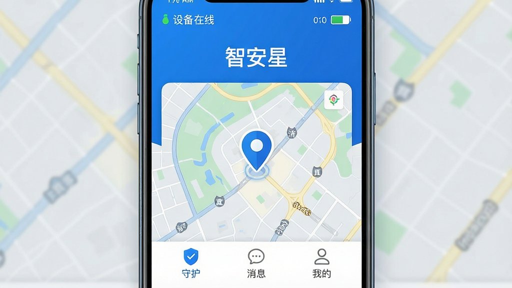 һ�������ֻ���Ļ��д����Ļ������չʾ���ǰ��ǡ�App�������棬�������ִ���Լ������ɫΪ��ɫ����������ʾ�豸����״̬�������Ϣ���м�Ϊһ�������ĵ�ͼ����ͼ����һ����Ŀ�Ķ�λͼ�꣬�ײ������š��ػ���������Ϣ�������ҵġ��������ܰ�ť�����廭�ʸ��壬���߾��ȣ���ͼ���У�ϸ�ڷḻ���޶���Ԫ��