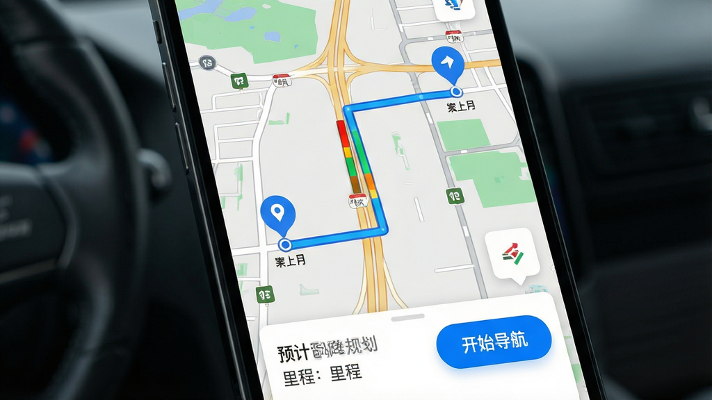 主体:优e司机智能路线规划功能演示,手机屏幕显示地图与推荐路线;布局:地图占据屏幕大部分,底部有路线详情卡片,包含预计时间与里程;排版:地图配色清新,路线高亮为蓝色,起点与终点有标记;风格:写实地图风格,道路清晰,交通流量图标可见;细节:地图上显示实时路况颜色条,卡片上有“开始导航”按钮;画质:高分辨率地图渲染,干净无多余元素
