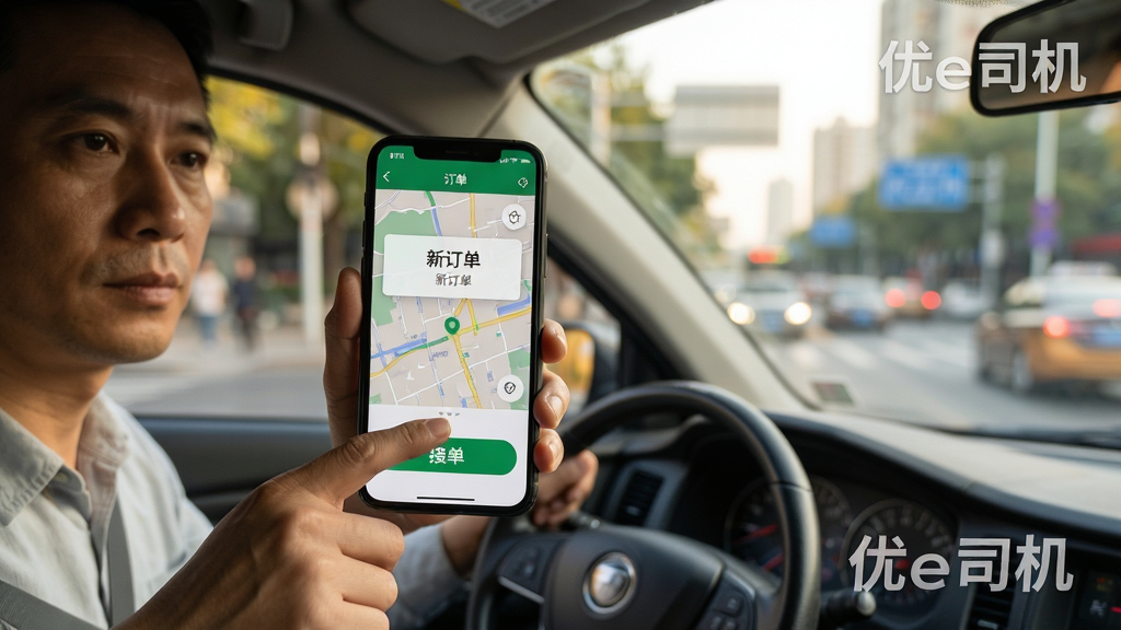 主体:司机手持手机使用优e司机App,界面显示订单地图,另一只手准备点击“接单”按钮;布局:司机位于画面左侧三分之一处,手机屏幕朝向镜头,右侧为城市街道背景;排版:主体突出手机界面,背景虚化,有“优e司机”水印;风格:写实摄影风格,光线自然,色彩温暖;细节:手机屏幕显示“新订单”提示框,司机表情专注;画质:高清照片级渲染,干净无多余元素