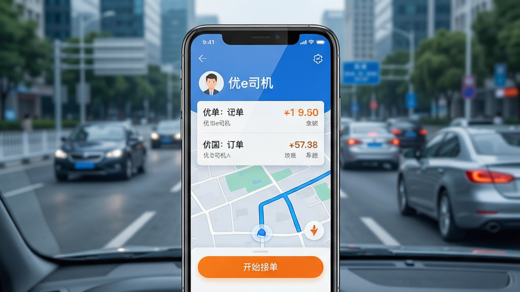 主体:一辆智能手机屏幕显示优e司机接单界面,背景是城市道路与行驶的汽车;布局:手机位于画面中央,屏幕内展示订单列表与地图导航,四周留有空间;排版:干净整洁,重点突出司机头像与订单金额,字体清晰;风格:现代科技感,色彩明亮,蓝白主色调,辅以橙色高亮按钮;细节:手机屏幕反光自然,地图路线清晰可见,界面文字可辨认为“优e司机”及“开始接单”;画质:高清渲染,细节丰富,干净无多余元素