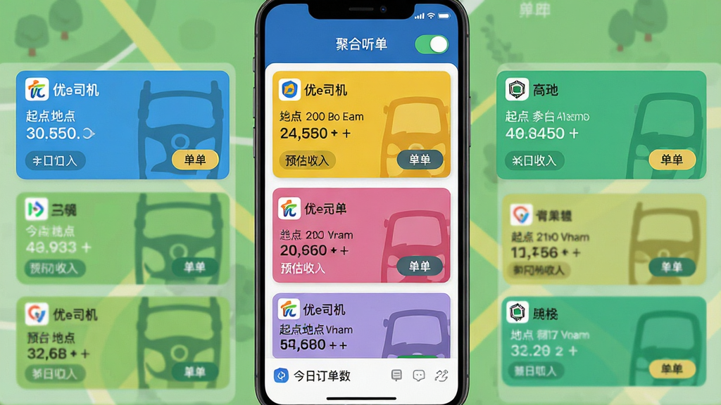主体:优e司机App的多平台聚合接单界面,屏幕上同时显示多个平台的订单卡片;布局:手机竖屏展示,订单卡片上下排列,每个卡片有不同颜色标识平台来源;排版:卡片式布局,清晰标注起点终点与预估收入,顶部有“聚合听单”开关;风格:扁平化设计,色彩明快,各平台logo角标清晰;细节:卡片上有“抢单”按钮,底部有统计栏显示今日订单数;画质:高清界面截图风格,干净无多余元素