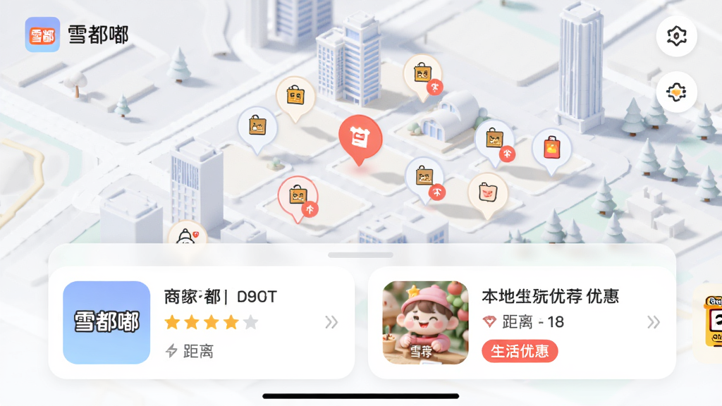 主体:雪都嘟APP的本地生活导航功能界面,地图上显示周边商家图标。布局:地图占主画面,底部弹出商家推荐卡片。排版:卡片式UI,信息清晰,含商家评分、距离、优惠标签。风格:简洁商业风格,地图配色柔和。细节:地图有3D建筑效果,卡片圆角设计,包含“雪都嘟”品牌标识。画质:高分辨率,界面清爽,无多余元素。