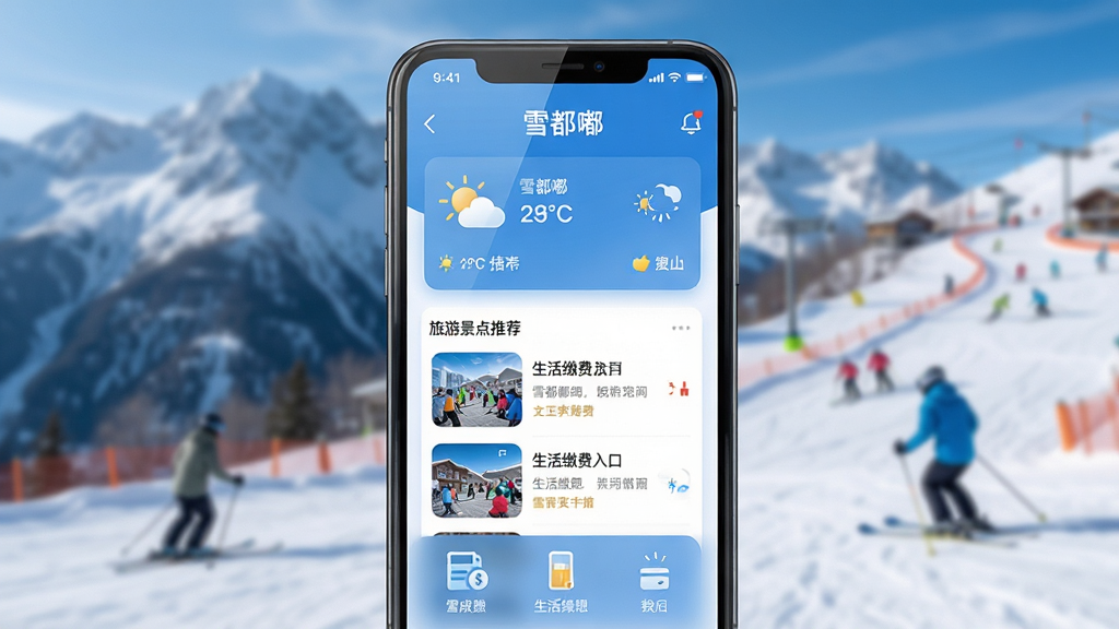主体:手机屏幕展示雪都嘟APP主界面,背景为雪山和滑雪场。布局:居中构图,界面内有天气卡片、旅游景点推荐列表、生活缴费入口。排版:UI界面设计,扁平化,信息层级分明。风格:现代科技感,色彩清新明亮,以蓝白为主。细节:屏幕反光真实,雪山背景虚化,图标精致,文字清晰“雪都嘟”。画质:4K超清,渲染细腻,干净无多余元素。