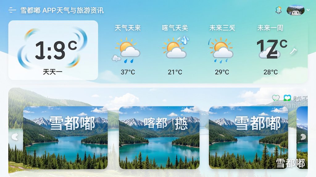 主体:雪都嘟APP天气与旅游资讯界面,展示未来一周天气图标和喀纳斯湖美景。布局:上下分栏,上为天气数据,下为旅游文章配图。排版:图文混排,天气用大数字温度,旅游区用卡片轮播。风格:清新自然,色彩通透。细节:天气图标动态效果,旅游图片高清,带有“雪都嘟”水印。画质:超清,色彩真实,构图舒适,干净无杂物。