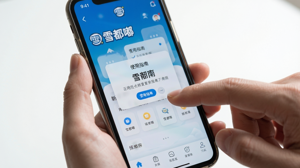 主体:手机操作雪都嘟APP,手指点击屏幕。布局:手部特写,手机屏幕清晰显示主界面。排版:居中构图,手机屏幕有“使用指南”弹窗。风格:实拍风格,光线柔和。细节:手机品牌不明显,屏幕内容“雪都嘟”清晰可见,背景干净。画质:高清,焦点锐利,无多余元素。