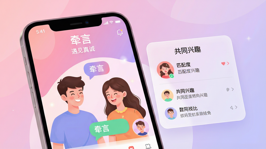 主体:手机屏幕展示“牵言”交友软件主界面,背景是柔和的渐变粉色与淡紫色,中央是一对年轻男女正在愉快地聊天,气泡框中写有“牵言”二字。布局:侧视图,手机位于画面中央偏左,右侧有半透明信息卡片,展示匹配度、共同兴趣等。排版:界面元素分层清晰,突出“牵言”logo和“遇见真诚”标语。风格:现代扁平化插画风,色彩明快,光感柔和。细节:屏幕内头像清晰,表情自然,信息卡片边缘圆润,整体画面干净无杂物。画质:高清,干净,无多余元素。