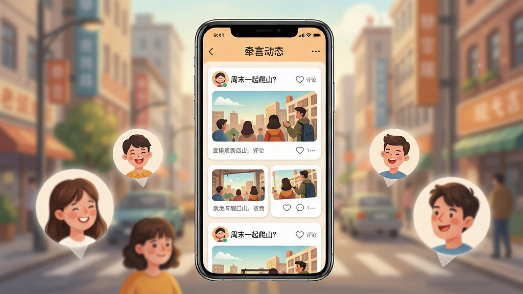 主体:手机展示“牵言”动态广场,背景为模糊的城市街景,前景有几个人物头像悬浮,代表线上互动。布局:居中构图,手机屏幕内瀑布流展示图文卡片,顶部有“牵言动态”标题。排版:卡片错落有致,内容包含照片、点赞和评论图标,气氛欢快。风格:写实与插画混合风格,暖色调,充满生活气息。细节:卡片上文字“周末一起爬山?”清晰可读,头像有笑脸,整体明亮干净。画质:高分辨率,无多余元素。