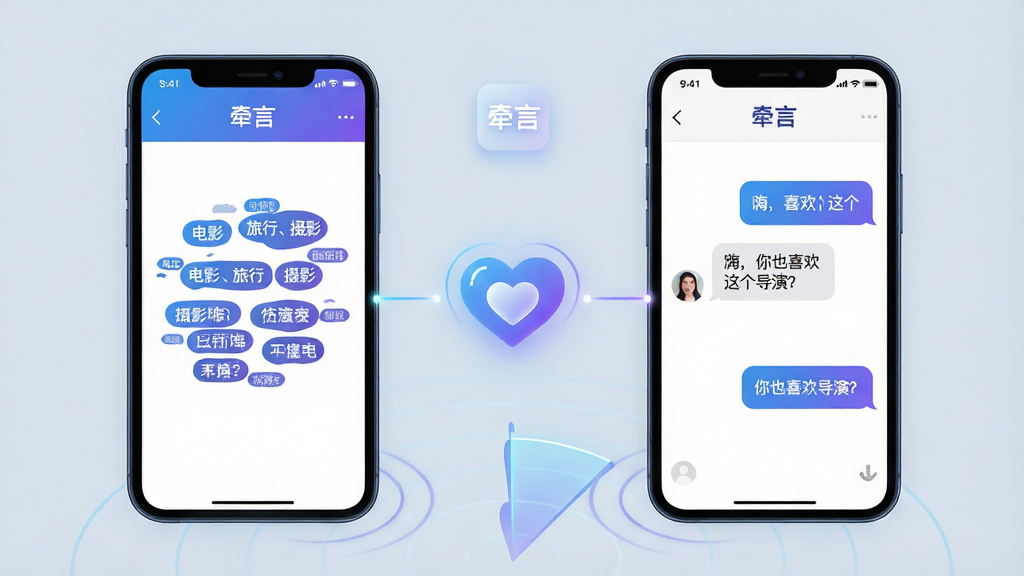 主体:两台并排的智能手机屏幕,分别显示“牵言”的匹配界面和聊天界面,中间有发光的心形连接图标。布局:左右对称,背景为浅灰蓝色,下方有小型雷达波纹扩散效果。排版:左侧手机展示兴趣标签云,右侧手机展示对话气泡,图标上有“牵言”字样。风格:科技感插画,线条流畅,色彩以蓝紫渐变为主。细节:标签云包含“电影、旅行、摄影”等,对话气泡中文字为“嗨,你也喜欢这个导演?”,画面干净。画质:高清,明亮,无多余元素。