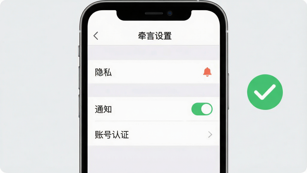 主体:手机屏幕展示“牵言”设置页面,包含“隐私”、“通知”、“账号安全”等菜单项,背景为浅灰色。布局:居中正面视角,手机占画面80%,右侧有绿色对勾图标。排版:菜单列表清晰,字体易读,顶部有“牵言设置”字样。风格:简洁扁平设计,无冗余装饰。细节:屏幕中“双重认证”选项为开启状态,整体画质干净清爽。画质:高清,无多余元素。