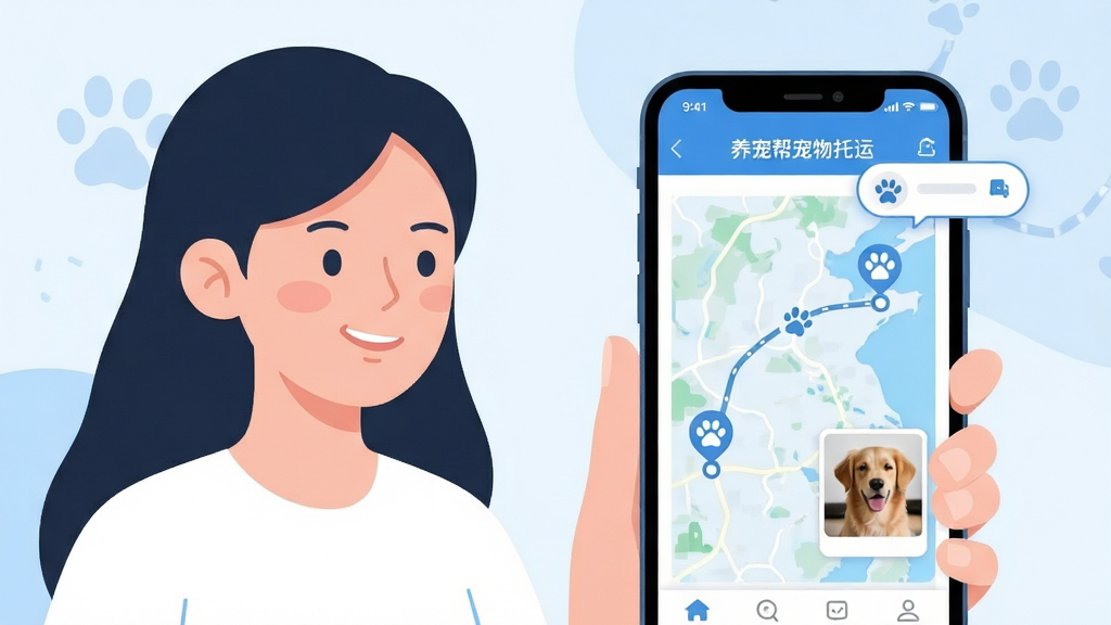 画面主体为一位年轻女性宠物主正微笑着用手机查看“养宠帮宠物托运”APP界面,手机屏幕显示宠物运输轨迹地图和宠物照片;布局采用手机屏幕特写与人物半身像结合,手机位于画面中央偏右,人物在左侧柔和注视;排版干净,突出APP界面内容,包含“养宠帮宠物托运”字样与路线节点图标;风格为现代扁平插画风,色彩清新明亮,以浅蓝和白色为主色调;细节包含地图上的小爪印标记、手机通知气泡、人物满意的表情;画质高清干净,无多余元素