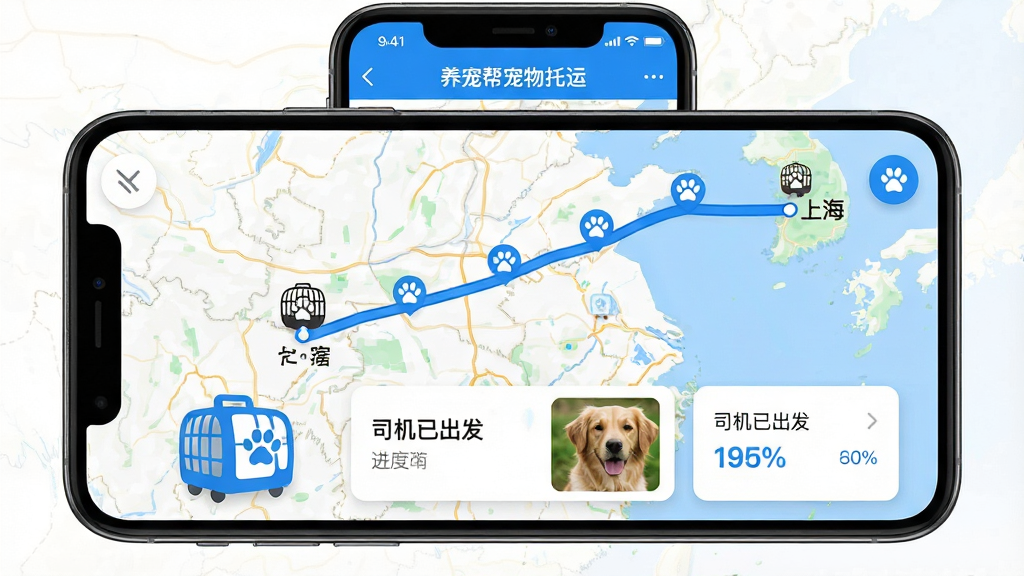 图片主体为智能手机横屏展示“养宠帮宠物托运”的实时追踪页面,地图上有一条从北京到上海的蓝色路线,中间有多个爪印节点,底部卡片显示“司机已出发”与宠物照片;布局以地图为背景,手机屏幕居中占主要面积,四周留白;排版信息层级分明,上方为软件名称“养宠帮宠物托运”,下方为状态更新列表;风格为写实UI界面设计,色彩明亮,蓝白交互;细节包括车辆小图标、宠物笼图标、进度百分比;画质精细干净,无多余元素