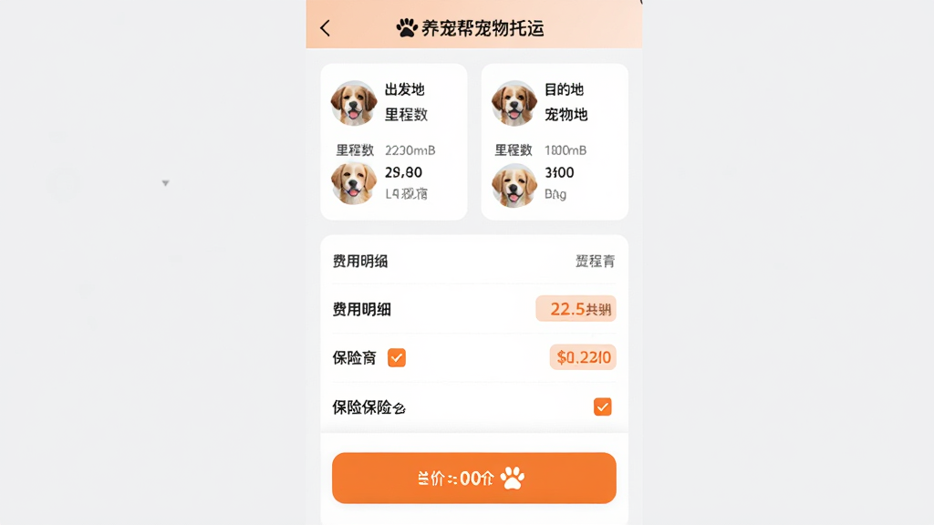 图片主体为“养宠帮宠物托运”APP的报价详情页截图,页面从上到下依次显示出发地、目的地、宠物信息卡片、费用明细列表、总价按钮;布局采用卡片式纵向排列,背景为浅灰色,主体内容居中;排版清晰,费用项用数字标签突出,总价用橘色高亮;风格为简洁的移动端界面设计,色彩白底配橙色点缀;细节包括宠物头像、里程数、保险勾选项;画质高清干净,无多余元素