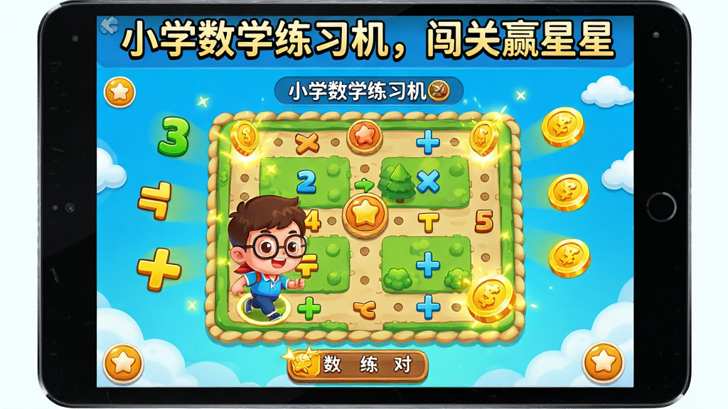 画面主体为“小学数学练习机”软件的游戏闯关界面,显示关卡地图和卡通角色,角色正在闯关,周围有数学符号和金币特效,界面色彩鲜艳,布局活泼,卡通风格,细节丰富,画质高清,干净无多余元素,屏幕上显示文字“小学数学练习机,闯关赢星星”。
