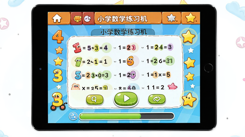 画面主体为“小学数学练习机”软件主界面,显示在平板电脑屏幕中,屏幕上有彩色数学题目、卡通数字和奖励星星,界面布局清晰,上方为导航栏,中间是练习区和互动按钮,下方为进度条。整体风格明亮活泼,卡通插画风格,细节丰富,画质高清干净,无多余元素,屏幕中显示文字“小学数学练习机”。