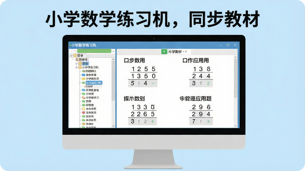 画面主体为“小学数学练习机”软件在电脑屏幕上展示同步教材练习题,左侧是教材目录树,右侧是题目区域,包含口算竖式应用题等题型,背景为柔和的浅蓝色,整体布局清爽简洁,扁平化设计风格,细节丰富,画质干净无多余元素,屏幕中显示文字“小学数学练习机,同步教材”。
