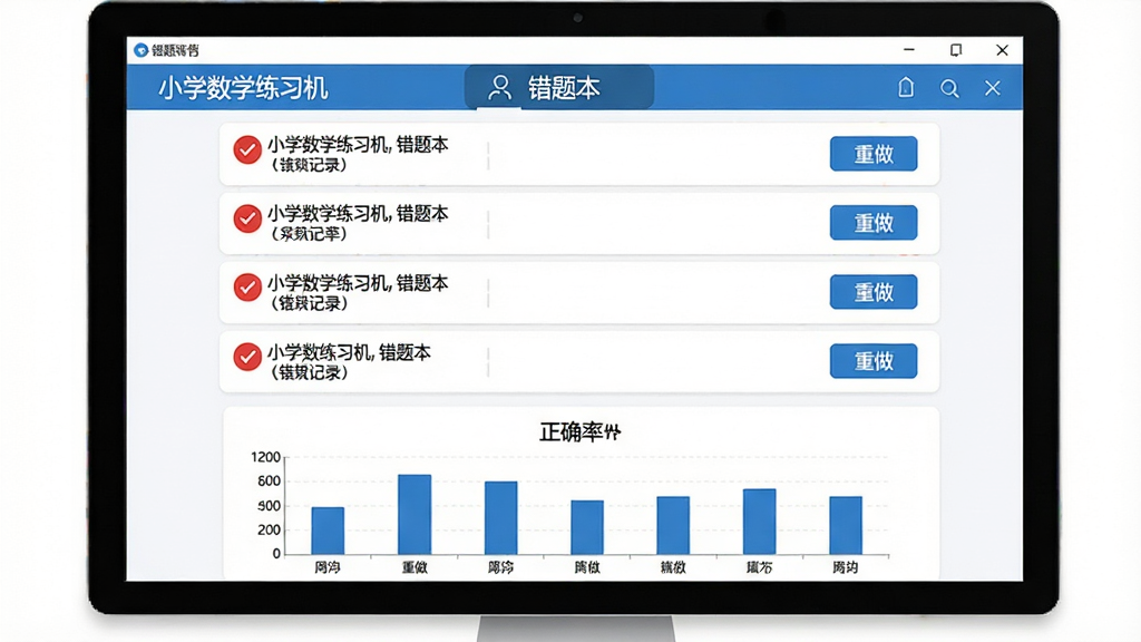 画面主体为“小学数学练习机”软件的错题本界面,显示列表形式的错题记录,每条错题旁边有红色标记和“重做”按钮,下方有柱状图展示正确率,界面以白色为底,蓝色点缀,简约商务风格,布局规整,细节清晰,画质干净无多余元素,屏幕中显示文字“小学数学练习机,错题本”。