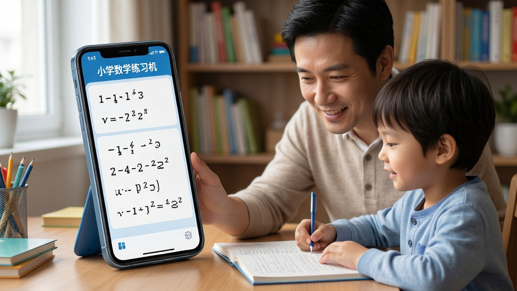 画面主体为“小学数学练习机”软件在智能手机上运行,屏幕显示练习题,旁边有家长和孩子一起学习,背景是书房,画面温馨,布局合理,写实照片风格,细节清晰,画质高清干净,无多余元素。