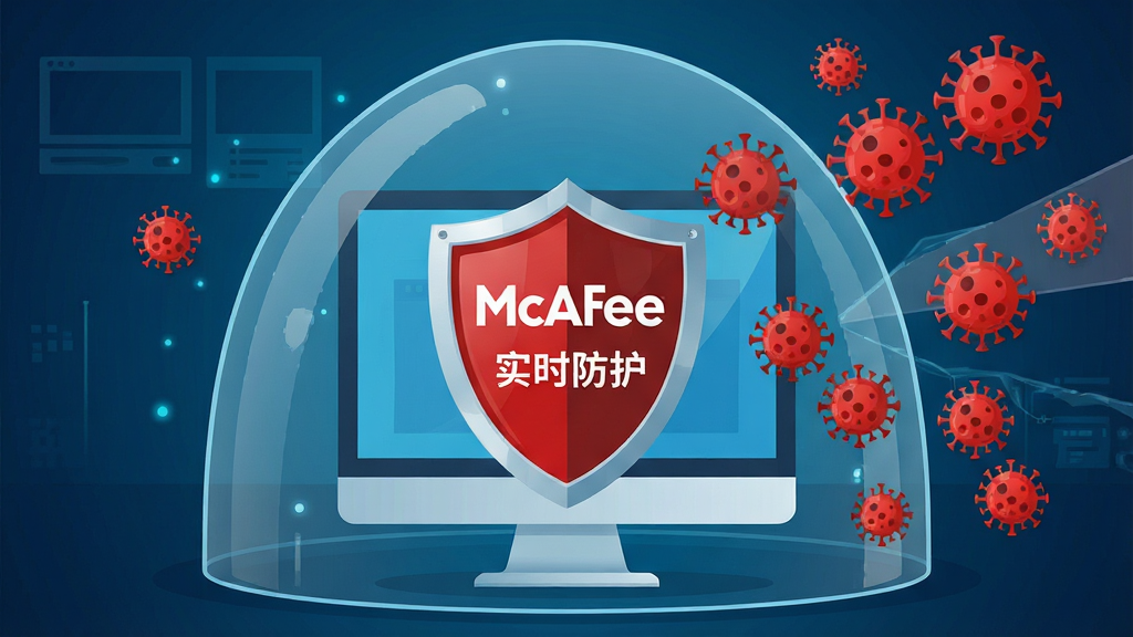 一幅动态示意图风格图片,主体为电脑屏幕前有一个巨大的透明防护罩,外界大量红色病毒图标被阻挡在外,布局居中,排版对比鲜明,风格科技感插画,细节包括盾牌上的“McAfee”标志和“实时防护”文字,画质高清,干净无多余元素