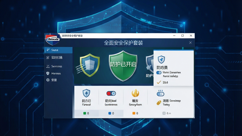 一张高清产品宣传图,主体是迈克菲全面安全保护套装的软件主界面截图,背景为深邃的蓝色科技感盾牌图案,界面显示“防护已开启”状态,布局居中,排版大气,风格专业商务,细节包括实时扫描状态、防火墙开关等图标,画质清晰锐利,干净无多余元素