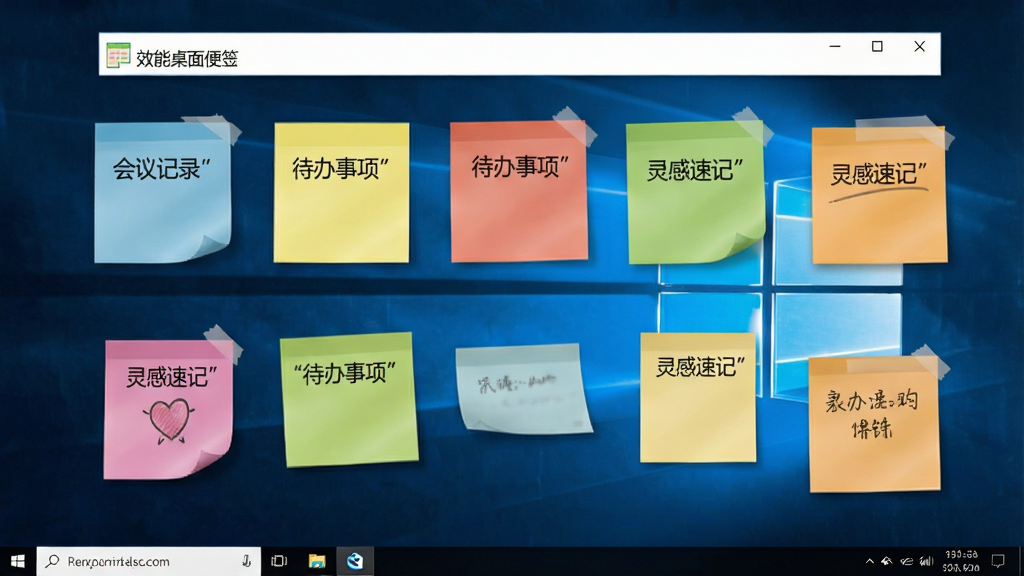 一张高清桌面截图,主体是“效能桌面便笺”软件在Windows桌面上的运行界面,多张彩色便笺纸错落有致地贴在桌面背景上,每张便笺上显示不同的文字内容如“会议记录”、“待办事项”、“灵感速记”,布局清晰,排版整洁,风格写实明亮,细节丰富,画质清晰干净无多余元素。