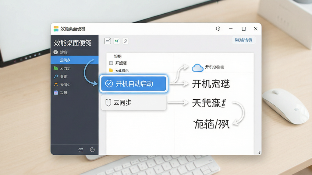 一张软件使用教程示意图,主体是“效能桌面便笺”电脑端设置界面,高亮显示“开机自动启动”和“云同步”选项,背景为浅色桌面,布局清晰,风格简洁易懂,细节标注明确,画质高清干净无多余元素。