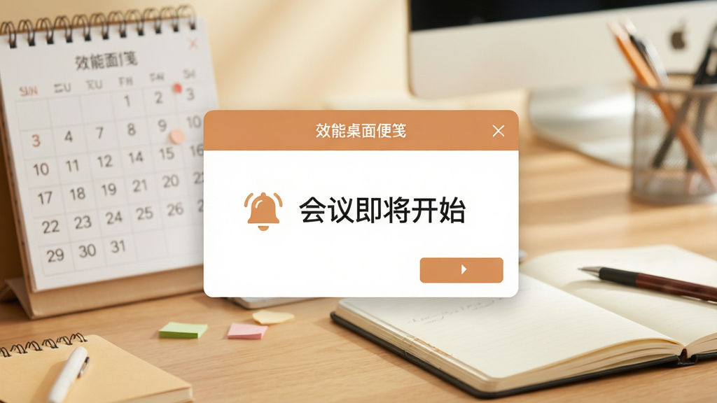 一张模拟使用场景图,主体是“效能桌面便笺”软件的提醒弹窗界面,弹窗显示“会议即将开始”字样并配有响铃图标,背景是办公桌面,有日历和笔记本,布局合理,排版舒适,风格温暖明亮,细节真实,画质高清干净无多余元素。
