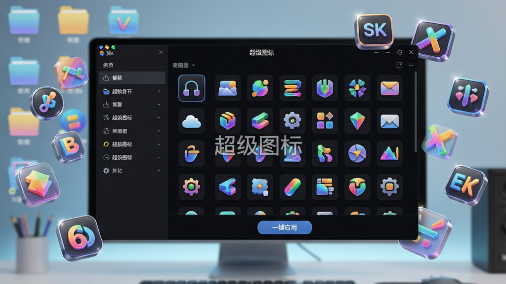 主体:一款名为“超级图标”的图标美化软件的主界面,展示在电脑屏幕上,屏幕周围有各种风格的精美图标悬浮环绕。布局:画面中央是软件简洁的深色操作界面,左侧为分类列表,右侧为图标预览网格,界面下方有“一键应用”按钮。排版:前景为软件界面特写,背景为模糊的整洁电脑桌面,桌面上的文件夹图标均显示为炫彩3D风格。风格:科技感与艺术感结合,色彩明快,光影通透,写实渲染。细节:界面中隐约可见“超级图标”字样与水印,图标边缘有光泽反射效果。画质:8K超高清,干净,无多余元素。