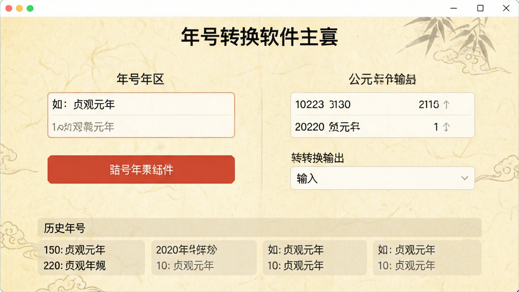 主体:年号转换软件主界面,展示清晰的年份对照表与转换输入框;布局:界面居中,背景为淡黄色宣纸纹理风格,输入框与结果展示区对称分布;排版:左侧为年号输入区,右侧为公元年份输出区,底部有历史年号列表;风格:古风与现代扁平化结合,画面干净整洁;细节:输入框内有示例文字“如:贞观元年”,转换按钮为朱红色;画质:高清渲染,光线柔和,无多余元素。