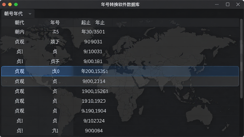 年号转换软件数据库截图,显示年号列表表格,包含朝代、年号、起止年份,界面为深色现代风格,表格行高亮显示“贞观”,背景有地图水印,整体专业大气,文字清晰,细节丰富,画质高清。