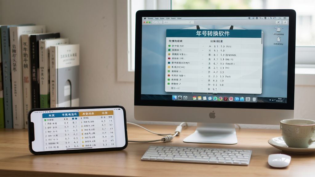 年号转换软件在手机和电脑上同时运行的实拍图,手机横屏显示对照表,电脑屏幕显示转换结果,桌面整洁,背景有书本与茶杯,整体生活化,画质清晰,颜色自然,无多余元素。