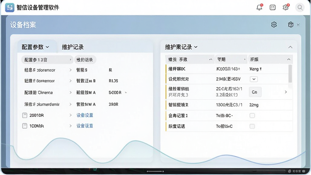 智信设备管理软件“设备档案”功能界面,显示设备详情卡片包含配置参数与维护记录,界面采用分栏布局,风格商务直观,色彩柔和,画质干净无多余装饰