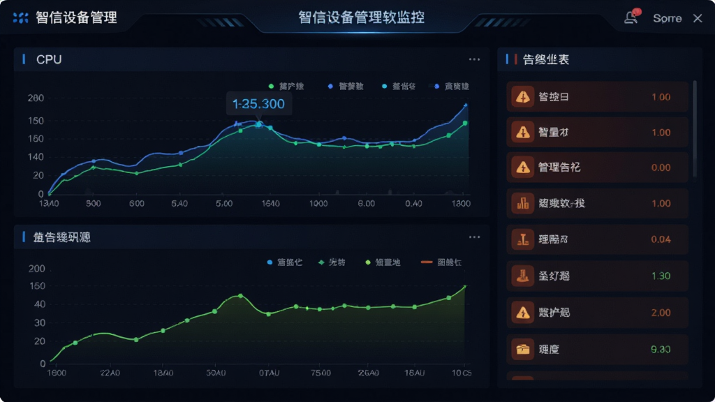 智信设备管理软件监控仪表盘,展示CPU曲线与告警列表,图表清晰,采用深色背景配合高亮数据,风格科技感强,画质干净无多余元素
