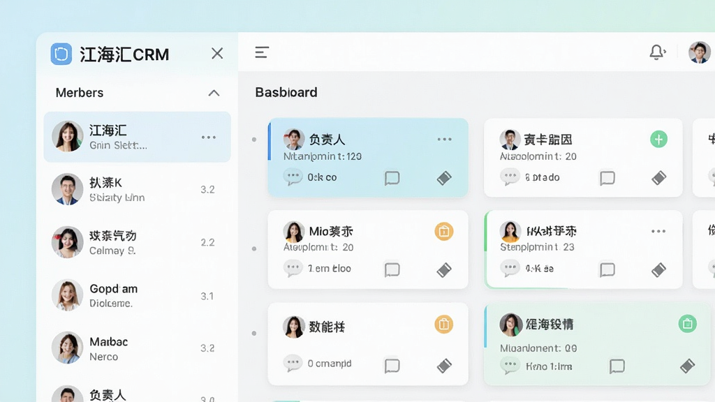 一张展示江海汇CRM团队协作功能的界面预览图,画面左侧是成员列表,右侧是任务看板,任务卡片上显示负责人与截止日期,有评论和附件图标,界面柔和,色彩清新,画质干净,无多余元素