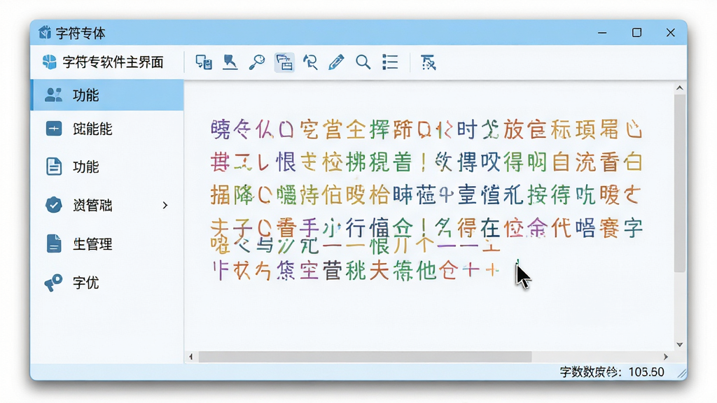 主体:字符专家软件主界面展示,左侧功能列表,右侧编辑区,上方工具栏。布局:左右结构,功能分区清晰,编辑区显示多行彩色字符文本。排版:整洁有序,图标化按钮,中文标签。风格:现代简约,浅蓝与白色主色调,扁平化设计,细节:窗口带有阴影,光标闪烁在文本中,底部状态栏显示字数统计。画质:高清,干净,无多余元素