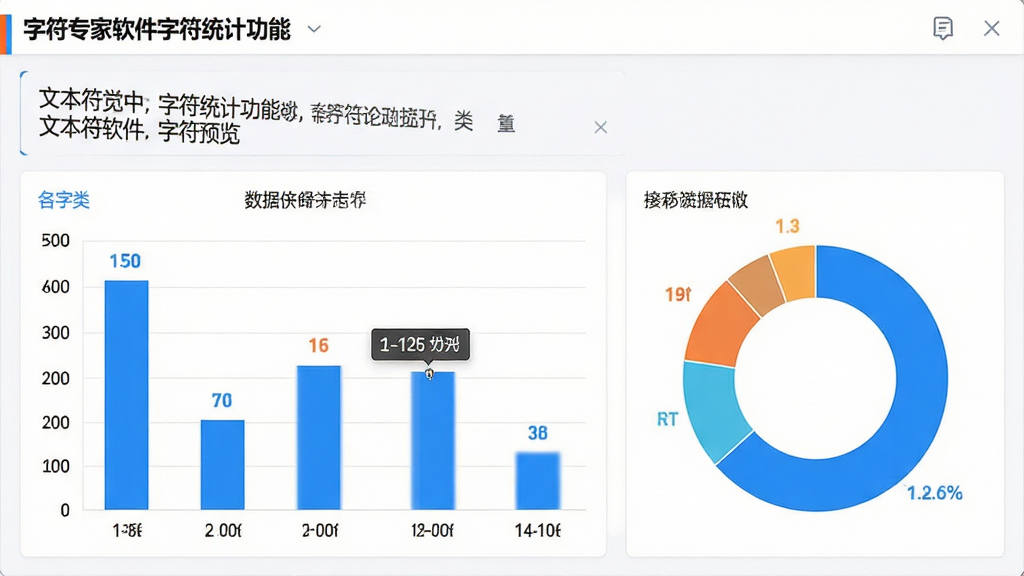 主体:字符专家软件的字符统计功能界面,显示各类字符数量柱状图与环形图。布局:上方文本预览,下方统计图表。排版:图表色彩区分,中文标注。风格:清爽商务风,白色背景,蓝色数据条,细节:鼠标悬停显示具体数值,界面干净。画质:高清,干净,无多余元素