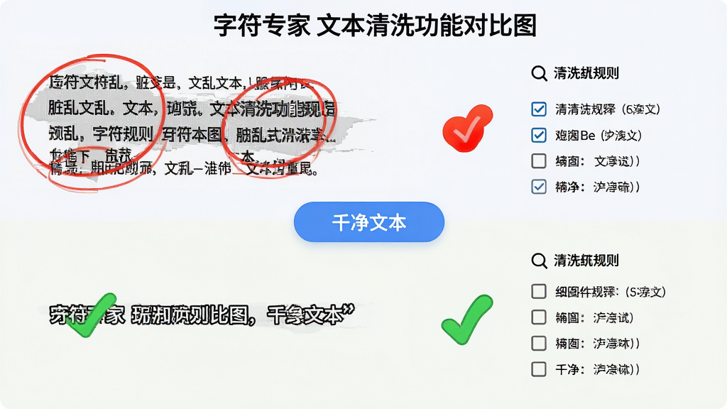主体:字符专家文本清洗功能对比图,上方脏乱文本,下方干净文本。布局:上下排列,中间有清洗按钮。排版:脏乱文本带红圈标记,干净文本绿色打勾。风格:对比鲜明,浅色背景,细节:清洗规则选项勾选列表。画质:高清,干净,无多余元素