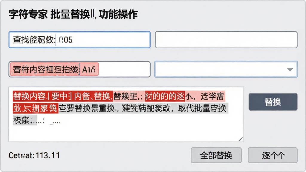 主体:字符专家批量替换功能操作截图,包含查找框与替换框,高亮显示匹配项。布局:上下两个输入框,中部文本区域。排版:替换内容红色高亮,右侧替换按钮。风格:实用工具风格,浅灰底,深色文字,细节:显示匹配数量,提供全部替换与逐个替换按钮。画质:清晰,干净,无多余元素