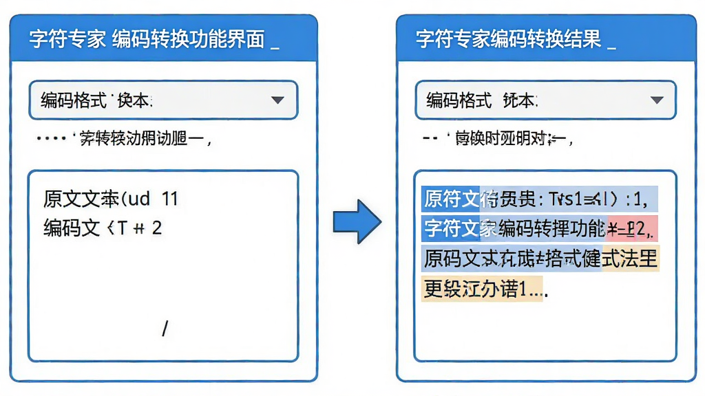 主体:字符专家编码转换功能界面,左侧原文本,右侧转换结果。布局:左右对照,中间箭头指示转换方向。排版:编码格式下拉菜单,中文说明。风格:简洁工具风,白底蓝框,细节:转换后结果自动高亮差异部分。画质:高清,干净,无多余元素