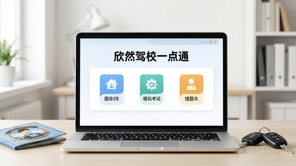 画面主体为一部笔记本电脑屏幕显示“欣然驾校一点通”主界面,界面清晰呈现题库分类、模拟考试、错题本等功能图标,旁边放着一本驾照和车钥匙,背景为简洁明亮的书房,整体布局居中对称,排版清爽,风格写实,细节丰富,画质高清,干净无多余元素。
