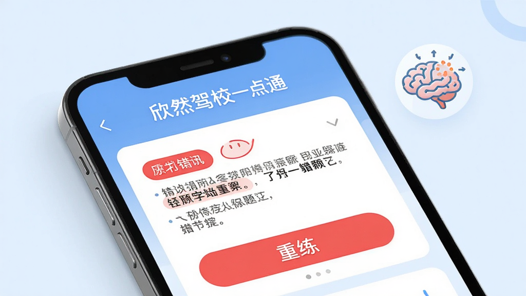 画面主体为“欣然驾校一点通”错题本界面,屏幕上显示红色错题标注与“重练”按钮,旁边有大脑图标表示记忆曲线,背景为淡蓝色调,布局简洁,排版舒适,风格现代,细节完整,画质高清,干净无多余元素。