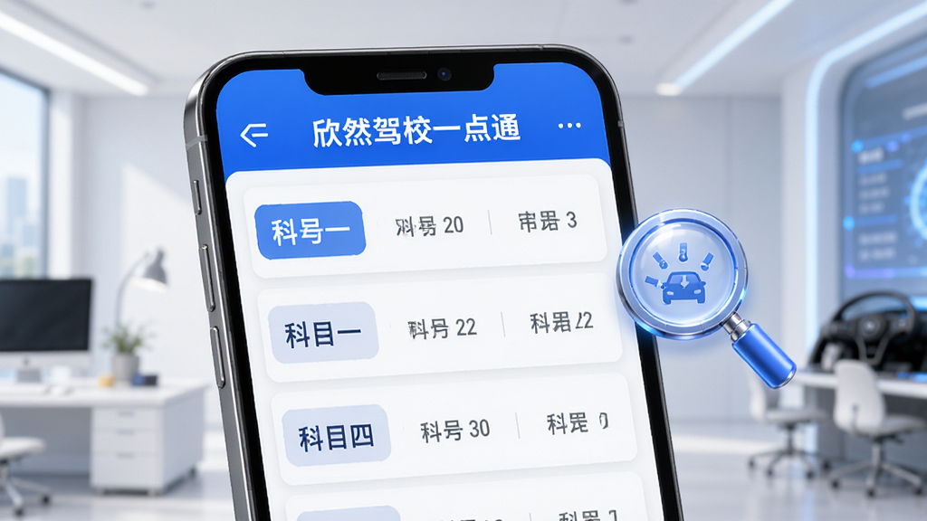 画面主体为“欣然驾校一点通”软件界面,屏幕上展示题库列表,包含科目一、科目四等章节,列表旁边有放大镜图标,背景为现代简约风格,布局规整,排版清晰,风格科技感,细节丰富,画质高清,干净无多余元素。