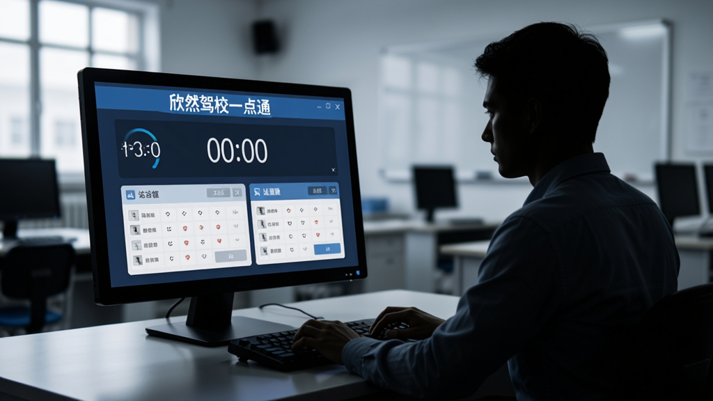 画面主体为“欣然驾校一点通”模拟考试界面,屏幕上显示计时器与答题卡,背景为严肃的考场风格,人物剪影坐在电脑前答题,布局写实,排版规整,风格真实,细节丰富,画质高清,干净无多余元素。