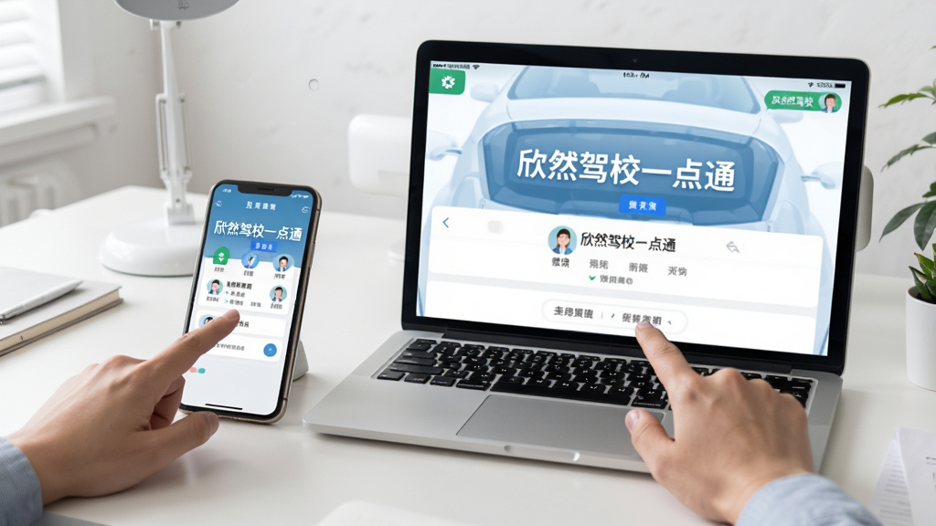 画面主体为手机与电脑并排显示“欣然驾校一点通”界面,手指点击屏幕操作,背景为简约桌面,布局协调,排版清晰,风格写实,细节丰富,画质高清,干净无多余元素。