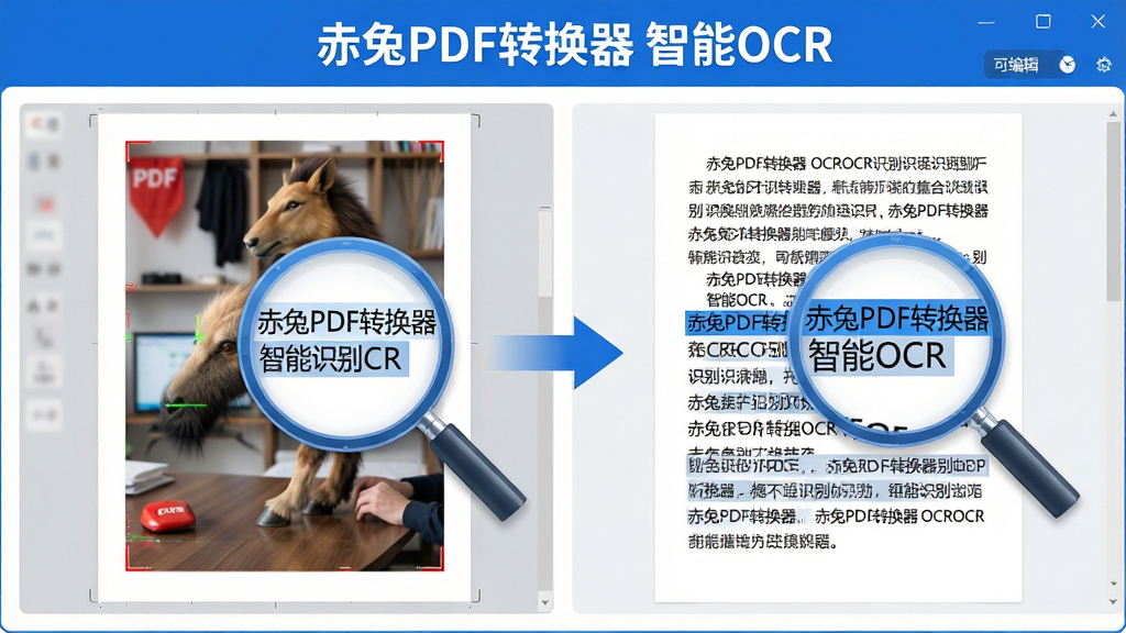 一张功能展示图,主体为“赤兔PDF转换器”的OCR识别过程,界面显示左侧为扫描的PDF页面,右侧为识别出的可编辑文字,高亮显示识别结果,整体风格简洁专业,蓝白配色,细节有放大镜图标聚焦文字区域,画质清晰无噪点,画面布局平衡,无多余元素,文字标注“赤兔PDF转换器 智能OCR”