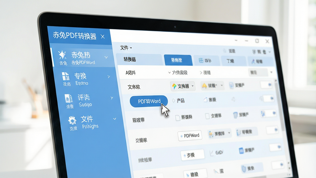 一张高清产品展示图,主体为“赤兔PDF转换器”软件主界面在笔记本电脑屏幕上显示的近景,布局清晰,左侧功能菜单图标整齐排列,右侧为文件转换列表;整体风格现代简约,浅蓝与白色调为主,细节包括鼠标光标悬停在“PDF转Word”按钮上,画面干净无多余元素,画质细腻,明亮自然光线下拍摄效果,文字标识“赤兔PDF转换器”清晰可见