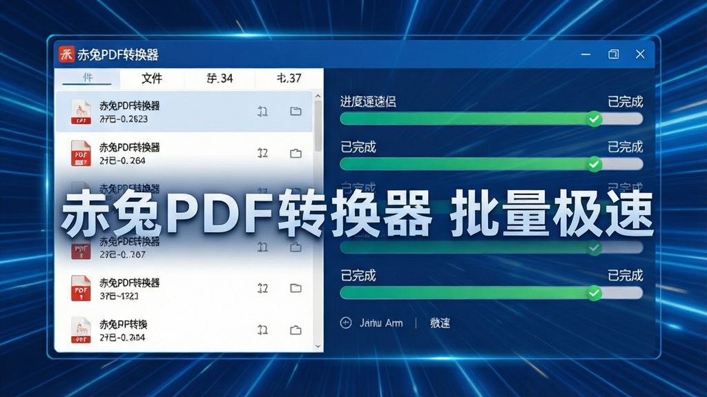 一张转换效率展示图,主体为“赤兔PDF转换器”批量转换界面,左侧文件列表中有多个PDF文件,右侧进度条全部显示“已完成”,背景有快速流动的线条示意高速处理,整体风格动感科技蓝,布局整洁,细节包括文件名称和大小信息,画质高清,无多余元素,文字标注“赤兔PDF转换器 批量极速”
