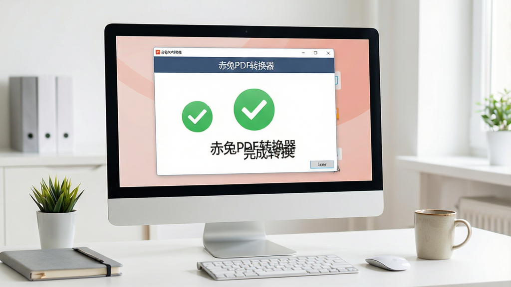 一张软件使用教程场景图,主体为电脑屏幕显示“赤兔PDF转换器”的转换成功界面,屏幕上有绿色对勾图标,旁边摆放着鼠标和一杯咖啡,桌面整洁,整体风格明亮办公环境,浅色调,细节丰富,画面干净无多余杂物,画质清晰自然,文字标注“赤兔PDF转换器 完成转换”