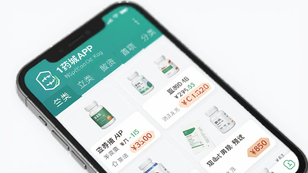 1药城APP界面预览图,主体为手机屏幕展示医药商品列表,布局清晰,排版简洁,风格现代,细节包括分类导航与价格标签,高画质,干净,无多余元素